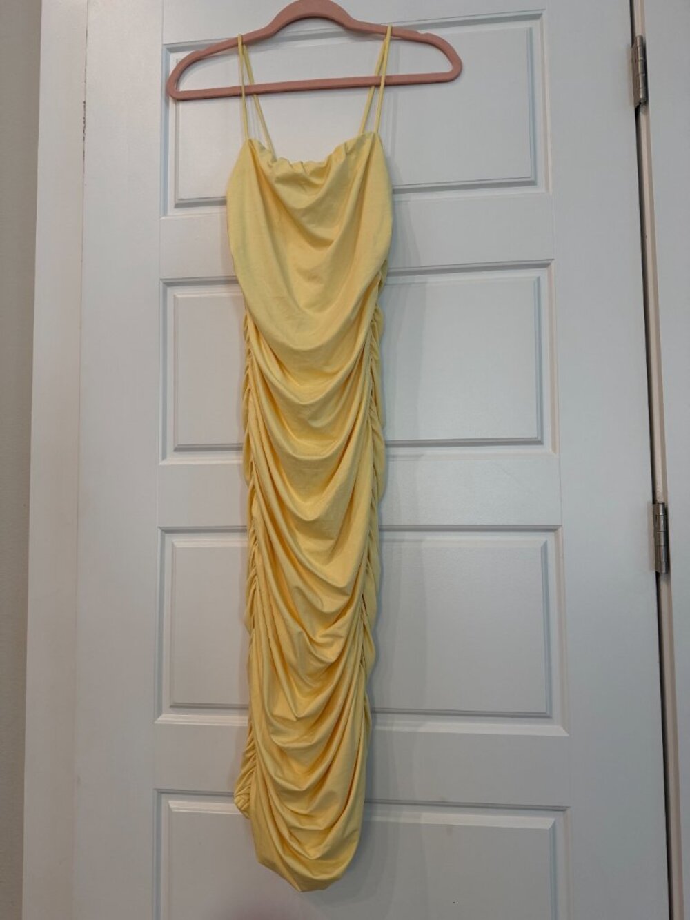 Yellow Ruched Cowl Neck Dress – Spaghetti Strap